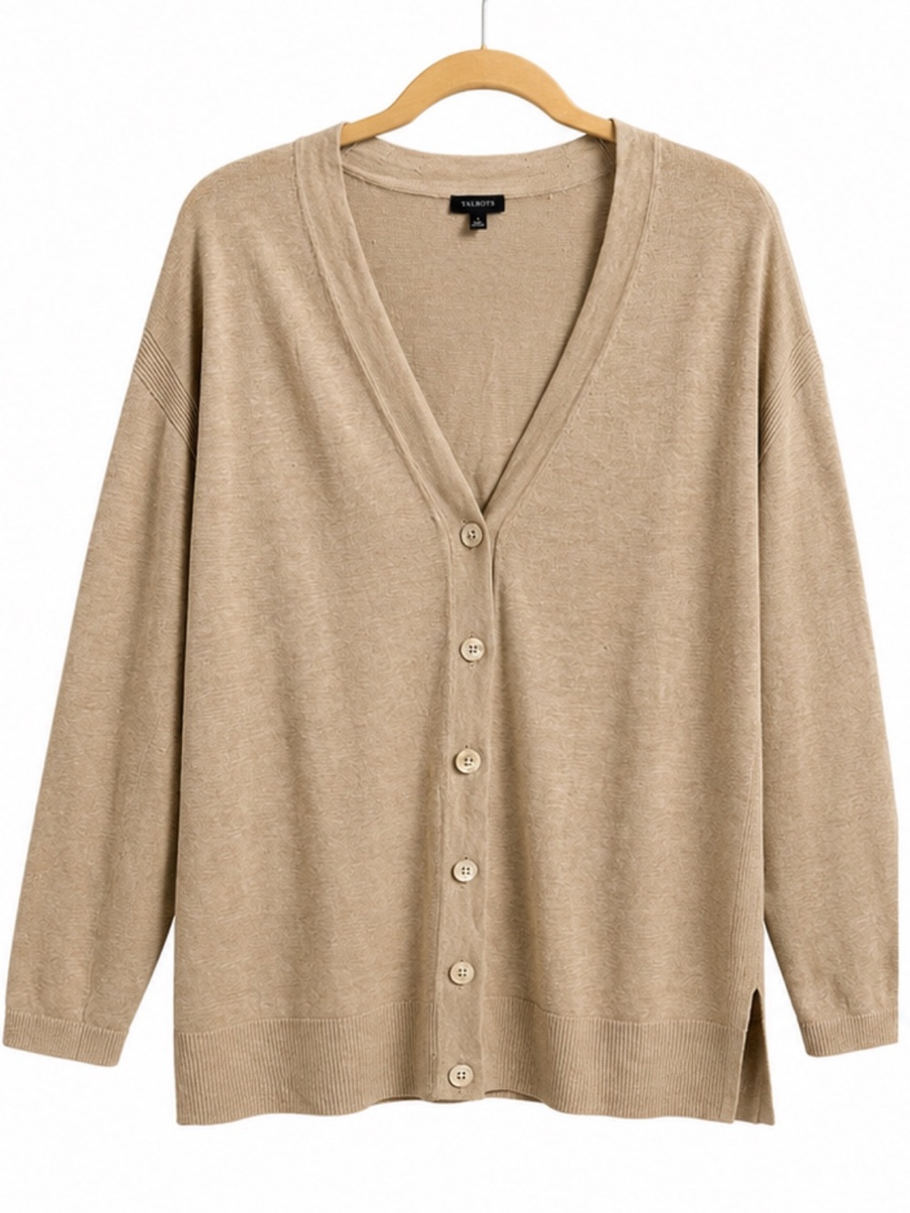 Talbots 100% Linen Natural Beige V-Neck Button Sweater Cardigan